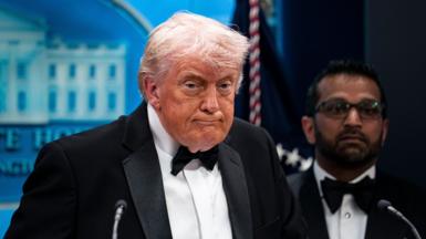 US President Donald Trump speaks during a press conference at the White House on April 25, 2026 in Washington DC after the cancellation of the annual White House Correspondents Association Dinner after a possible shooting