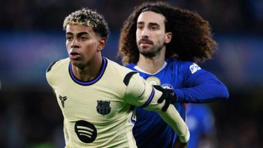  Lamine Yamal holds off Marc Cucurella