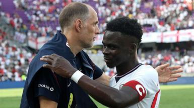 Thomas Tuchel hugs Bukayo Saka after England's friendly win over Costa Rica in June 2026