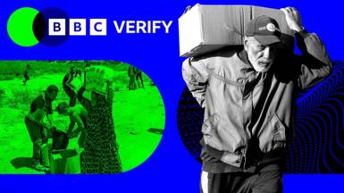 An elderly man carries a box of aid from a distribution centre, while another image shows a family carrying supplies from the site. Both images have been superimposed over the BBC Verify colours and the logo.