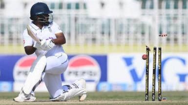 England batter Rehan Ahmed is bowled