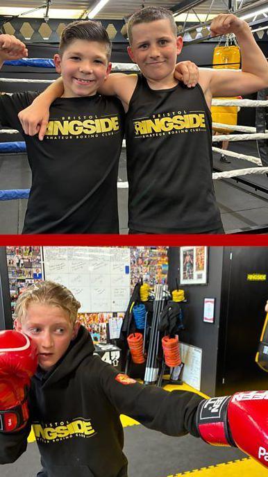 Young boys in branded Ringside tops flexing muscles and boxing.