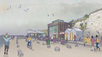 An architectural impression of a new development on the coast. It contains a cafe and a few other small buildings.