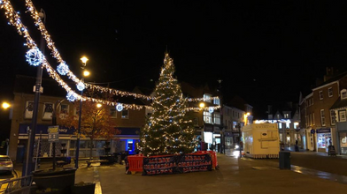 A Christmas tree and lights in the centre of Melton Mowbray