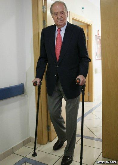 King Juan Carlos of Spain is discharged from hospital after undergoing hip replacement surgery, after fracturing his hip on a recent trip to Botswana, on April 18, 2012 in Madrid, Spain.