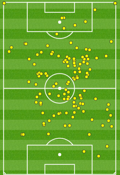 Graphic showing every touch Cesc Fabregas had as he marked his return to the side with an all-action display, including five touches inside the Swansea area, one goal and an effort that cannoned off the bar