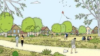 A digital image of the proposed development: There are people walking on a broad yellow path, with many trees around the row of houses in the background. A man in the front right of the image can be seen walking a small white dog, and two women are seen jogging on the left hand side.