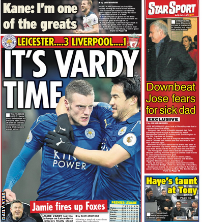 The Daily Star leads on Leicester's win over Liverpool