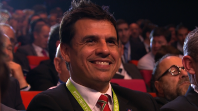 Wales manager Chris Coleman reacts after Wales are drawn with England at Euro 2016