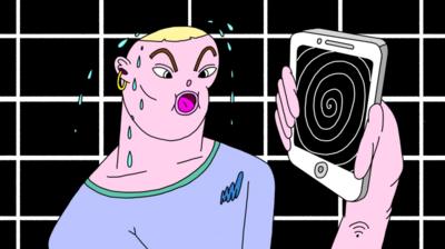 Illustration of character looking at a screen featuring a spiral sweat pouring from their brow