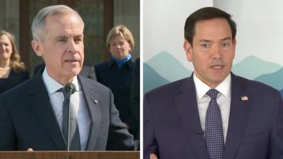 A composite image with Mark carney on the left standing behind a microphone and Marco Rubio on the left