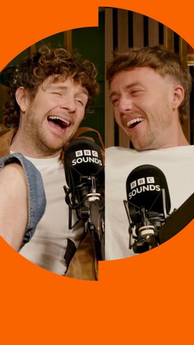 A composite image showing two young men laughing while sitting behind microphones.