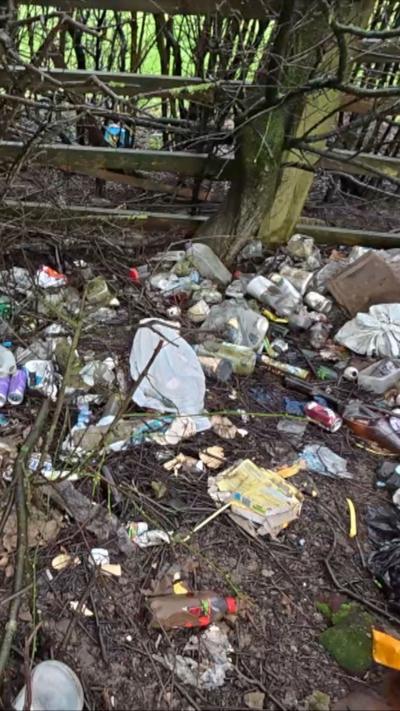 A heavily littered area. There is a wooden fence in the background. Behind the fence, there's a green field.