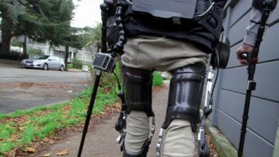 Wheelchair user Steven Sanchez uses Suit X, an exoskeleton suit to walk