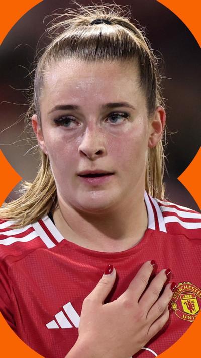 Ella Toone in a red Manchester United top - she has long brown hair in a ponytail 