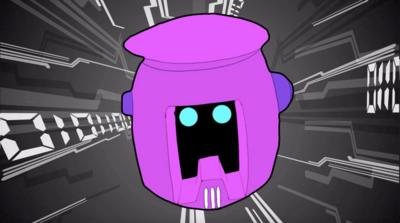 Graphic image of a purple robot head within a background of zeros and ones