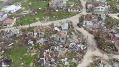 Aerial view of damaged buildings