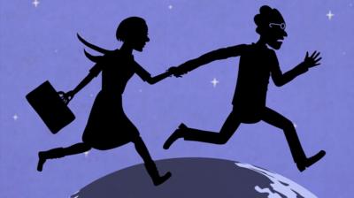 Illustration of two human silhouettes running over the top of a globe