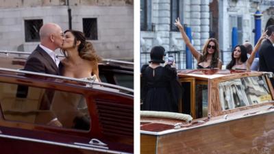 Split image of Bezos and Sanchez kissing, and Khloe and Kim Kardashian posing for pictures