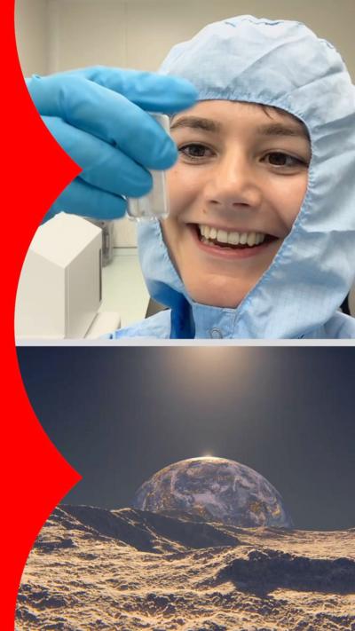 A split screen of a woman wearing protective clothing while holding a vial and an image of the Moon