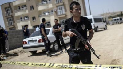 Turkish police near a building where two police officers were found shot dead on 22 July