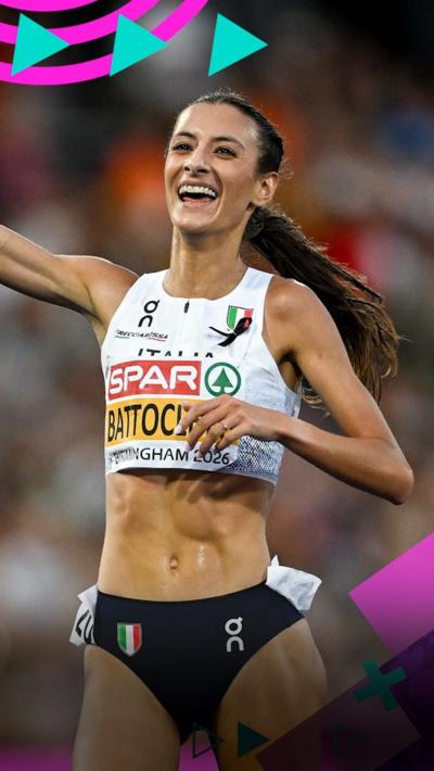 Nadia Battocletti celebrates after crossing the finish line to win 10,000m gold
