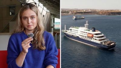BBC journalist Ottilie Mitchell in a split screen with a cruise ship.
