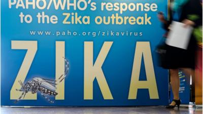 A banner on Zika virus outbreak is pictured on the opening of the World Health Assembly.