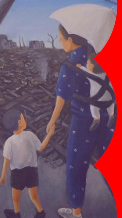 Artwork of mother and two children walking past a sea of black debris. The mother is wearing a blue top and trousers and has a baby in a white sleep suit strapped to her back, she is also holding a white umbrella. She's looking down while holding a small boys hand, he is wearing a white top and black shorts and appears to be looking at the debris. 