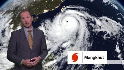 BBC weather presenter Darren Bett provides an update on Typhoon Mangkhut