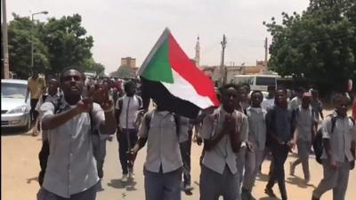 Protesters walking in the street waving a flag