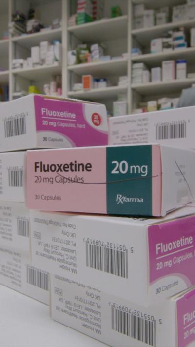 A stack of small boxes of medicine in a pharmacy setting