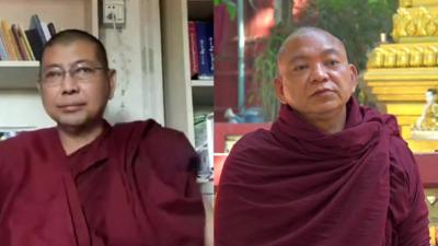 Two monks on opposing sides of the Myanmar protests