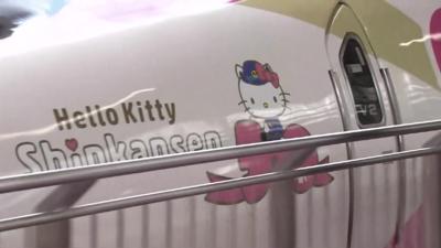 Hello Kitty bullet train in west Japan on 30 June 2018