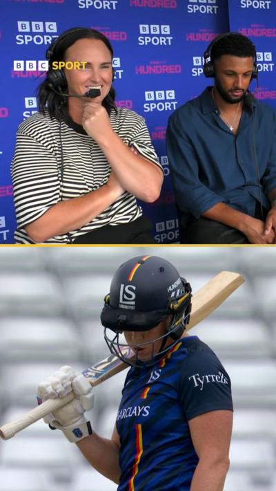 Katey Martin and Emilio Gay in the booth and Grace Harris batting
