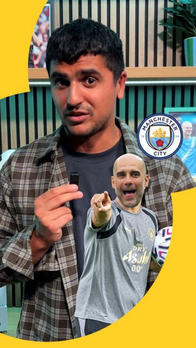BBC Sport's Luke Wolstenholme, alongside Pep Guardiola and the Man City badge
