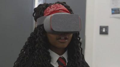 A girl wearing a VR headset