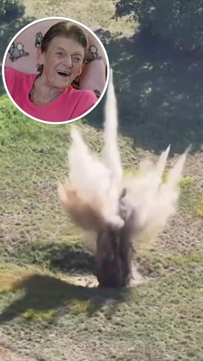 Aerial shot of an ordnance being detonated with an inset of the devices former owner smiling