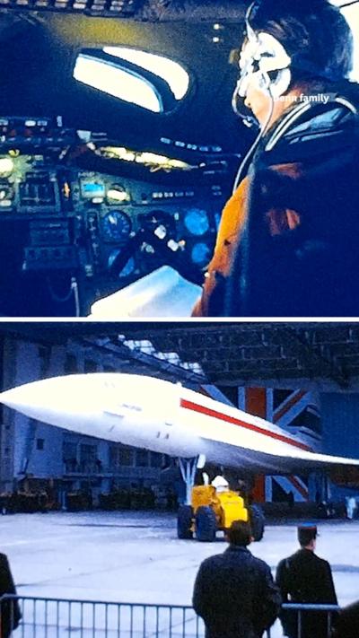 A picture of Concorde on the bottom half of the screen and a photo of inside the cockpit of Concorde on the top half
