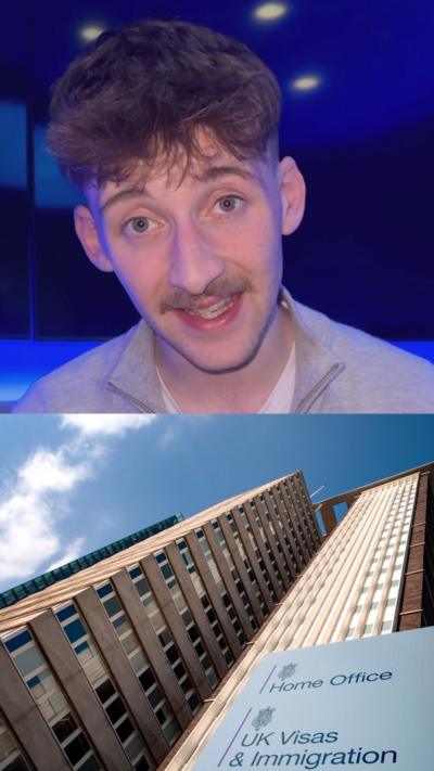 Ben Lonsdale has brown hair and is wearing a grey jumper. Below him is a tall rise building with a sign in front of it saying 'Home Office' and 'UK Visas & Immigration'