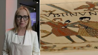 Split screen image with Katie Razzall (l) and a section of the Bayeux Tapestry (r)