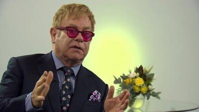 Image of Sir Elton John speaking to BBC's Bridget Kendall in Kiev - 12 September 2015