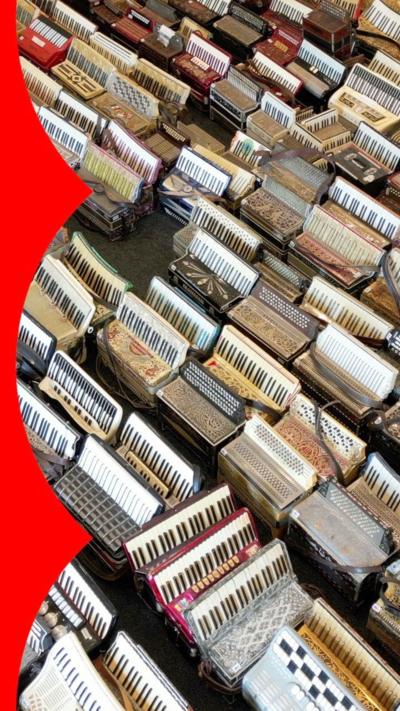 Rows of old accordions lined up together