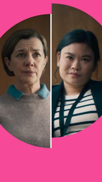 Split screen of a female interviewee looking worried and a female interviewer looking stern 