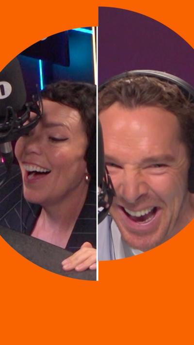 Composite image of Olivia Colman smiling with her head under a Radio 1 mic and Benedict Cumberbatch laughing behind another mic