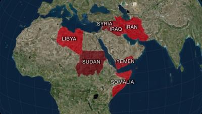 A map showing the seven countries affected by Donald Trump's travel ban