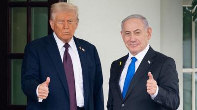 President Trump and Benjamin Netanyahu both look off camera delivering a thumbs up.