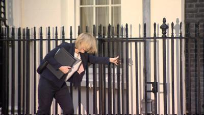 Home Secretary Amber Rudd's high heel got stuck between the paving slabs as she walked along to Downing Street to the first cabinet meeting of 2017 in Number 10.