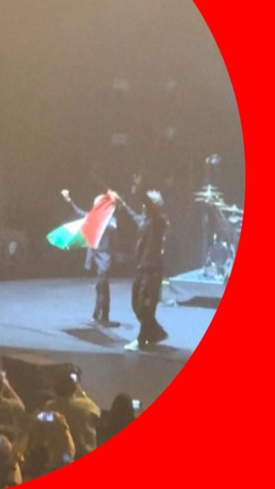 Massive Attack band members holding Palestine flag on stage in Singapore.
