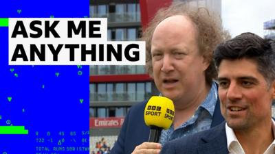 Andy Zaltzman holding BBC Sport microphone, alongside Sir Alistair Cook